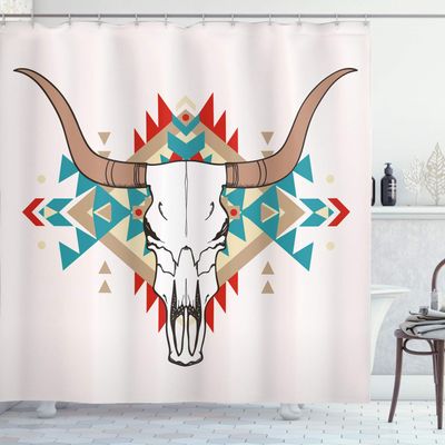 Ambesonne Western Shower Curtain, Bull Skull Illustration with Ornament Geometric Style, Cloth Fabric Bathroom Decor Set with Hooks, 69" W x 75" L, Aqua
