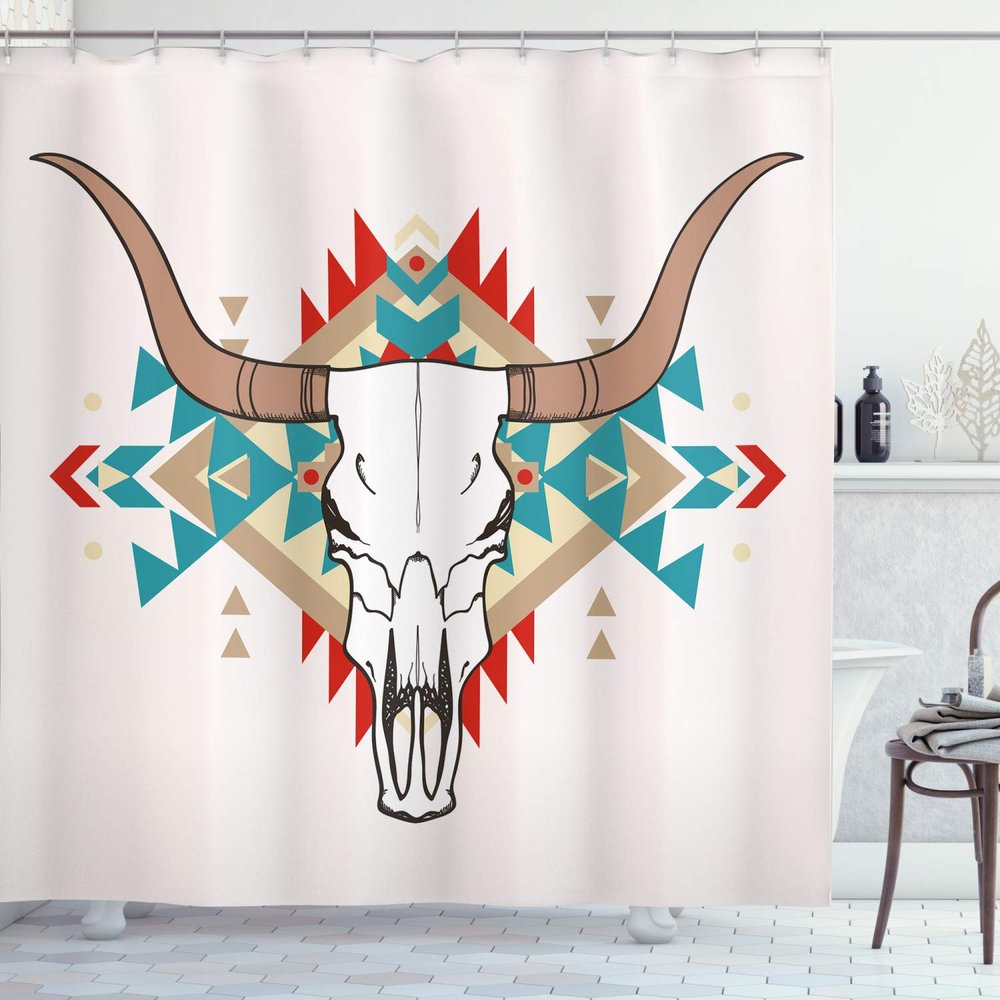 Ambesonne Western Shower Curtain, Bull Skull Illustration with Ornament Geometric Style, Cloth Fabric Bathroom Decor Set with Hooks, 69" W x 75" L, Aqua