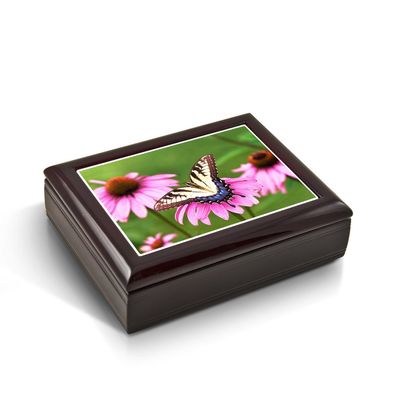 A Gentle Tiger Swallowtail Butterfly and Gerbera Daisies Tile Musical Jewelry Box - Many Songs to Choose - Barcarolle of Hoffman