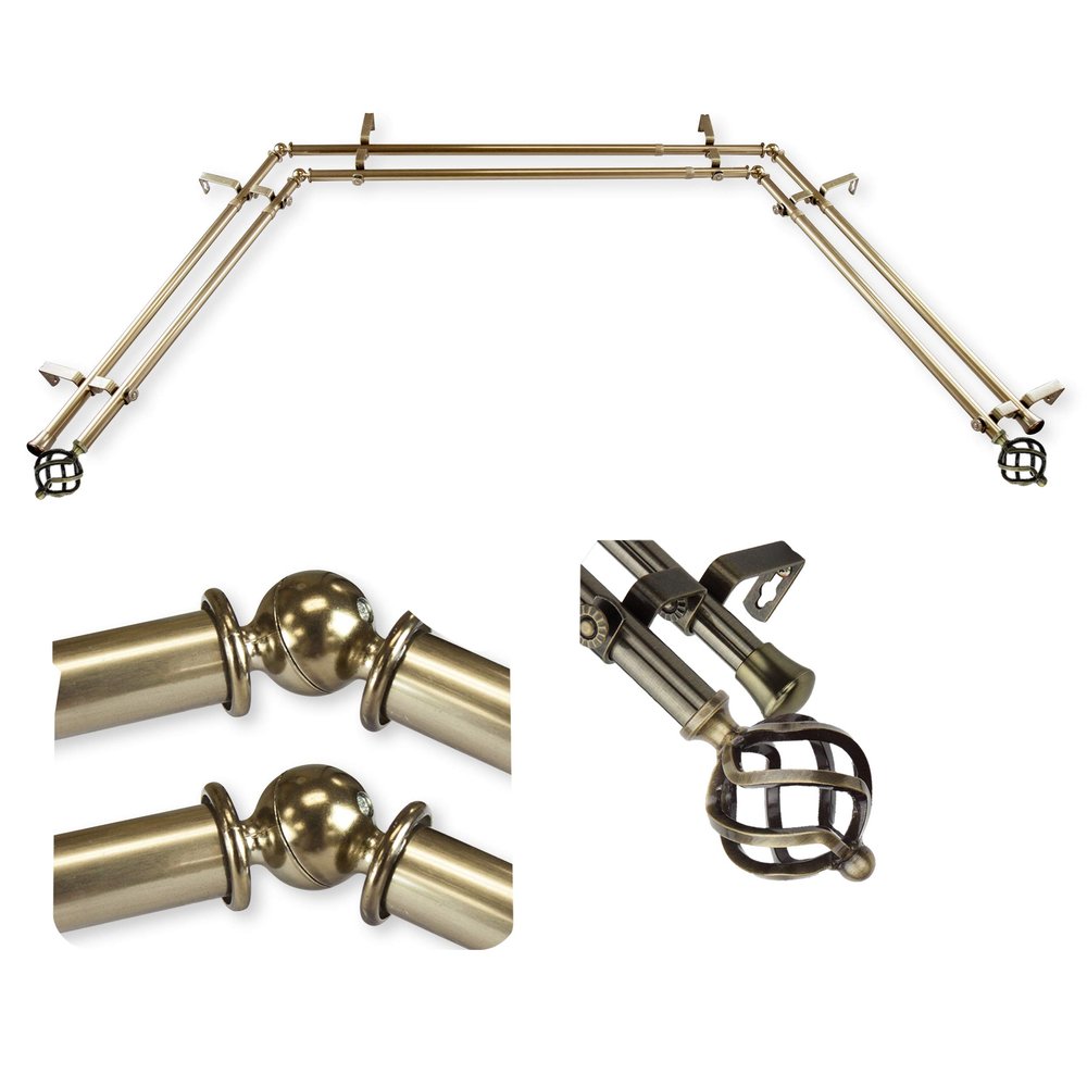 A&F Rod Dcor - Spin 13/16" Double Bay Window Curtain Rod - Antique Brass