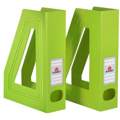 Acrimet Magazine File Holder Bin Storage, Vertical Rack for Documents, Folders and Mail, Durable Plastic Desk Organizer for Office & Home (Green Citrus Color) (2 Pack)