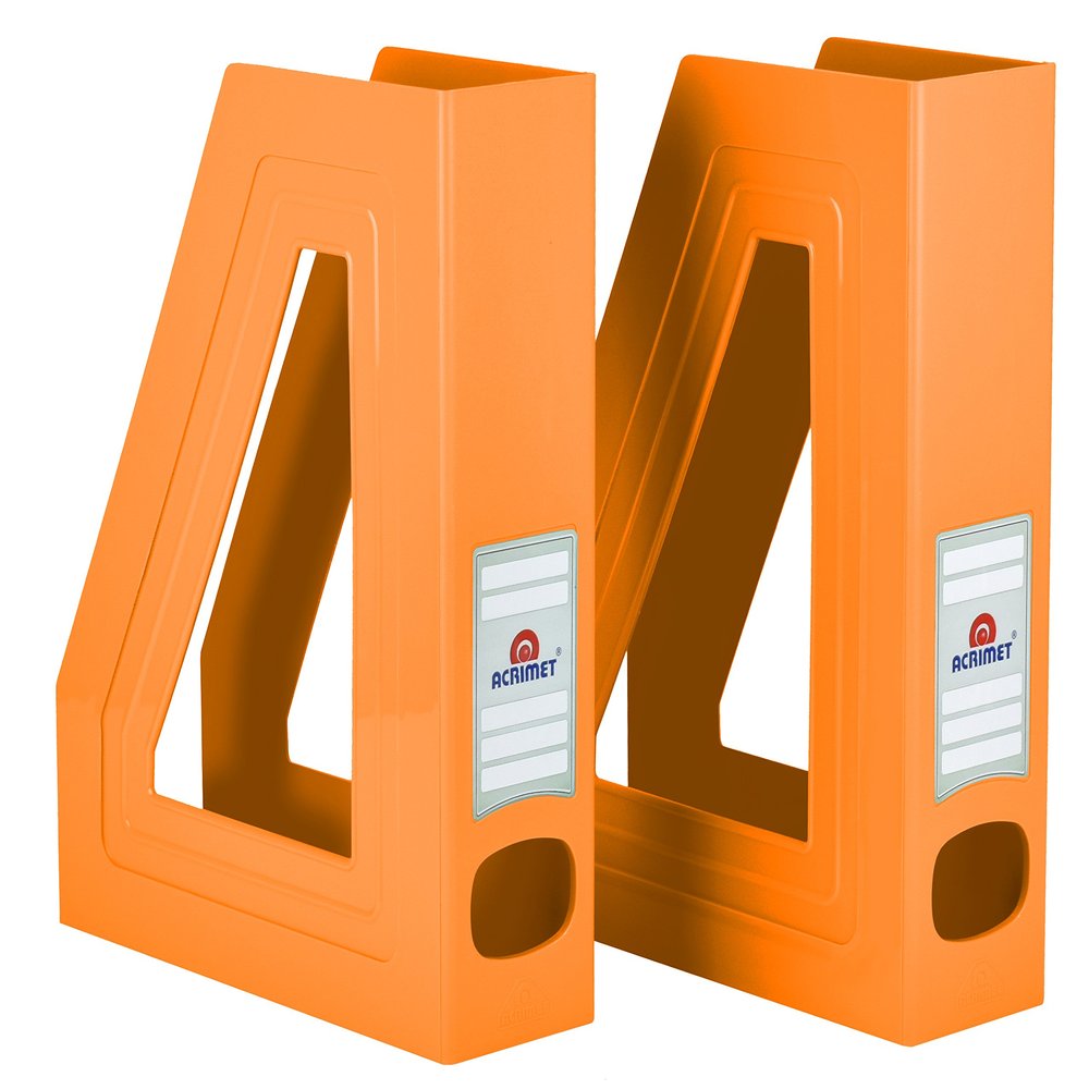 Acrimet Magazine File Holder  Vertical Rack for Documents, Folders and Mail, Durable Plastic Desk Organizer for Office & Home, Orange (2 Pack)