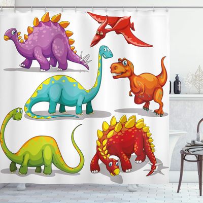 Ambesonne Dinosaur Shower Curtain, Colorful Funny Different Dino Themed Friendly Wildlife Extinct Animals Ice Age, Cloth Fabric Bathroom Decor Set with Hooks, 69" W x 75" L, Multicolor