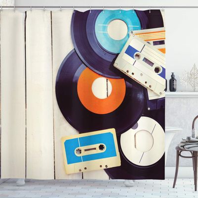 Ambesonne Indie Shower Curtain, Gramophone Records and Old Audio Cassettes on Wooden Table Nostalgia Music, Cloth Fabric Bathroom Decor Set with Hooks, 69" W x 75" L, Orange Black