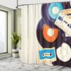 Ambesonne Indie Shower Curtain, Gramophone Records and Old Audio Cassettes on Wooden Table Nostalgia Music, Cloth Fabric Bathroom Decor Set with Hooks, 69" W x 75" L, Orange Black view 4