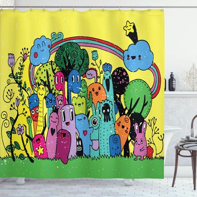 Ambesonne Indie Shower Curtain, Colorful Funny Hand Drawn Crazy Doodle Monsters in Nature Rainbow and Flowers Grungy, Cloth Fabric Bathroom Decor Set with Hooks, 69" W x 75" L, Yellow Blue
