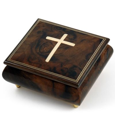 Gorgeous Handcrafted Natural Wood Tone Musical Jewelry Box with Holy Cross Inlay - Many Songs to Choose - Eine Klien Nachtmusik, Allegro