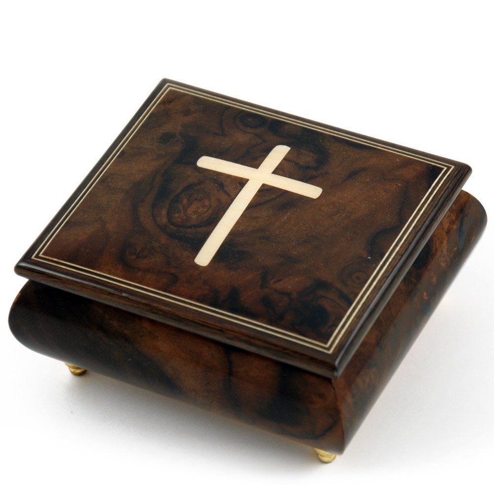 Gorgeous Handcrafted Natural Wood Tone Musical Jewelry Box with Holy Cross Inlay - Many Songs to Choose - Eine Klien Nachtmusik, Allegro