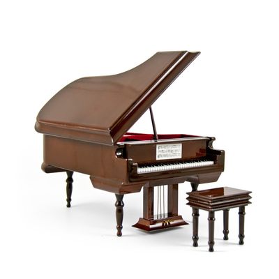 Piano Music Box with Jewelry Compartment - Sophisticated 18 Note Miniature Musical Hi-Gloss Brown Grand Piano with Bench - Many Songs to Choose - I Could Have Danced All Night