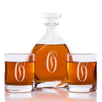 Abby Smith Lavish Style Initial Engraved Liszt Decanter with Rocks Glass Set, Letter O