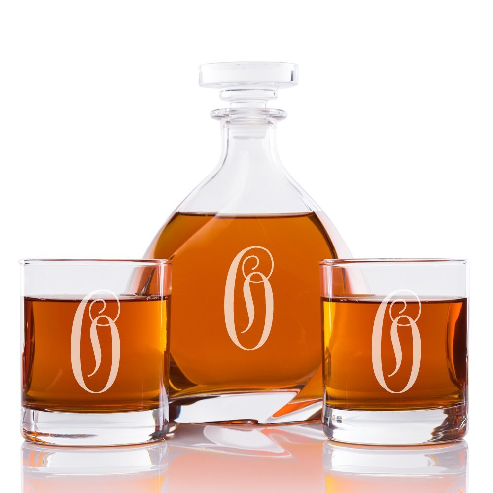 Abby Smith Lavish Style Initial Engraved Liszt Decanter with Rocks Glass Set, Letter O