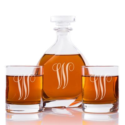 Abby Smith Lavish Style Initial Engraved Liszt Decanter with Rocks Glass Set, Letter W