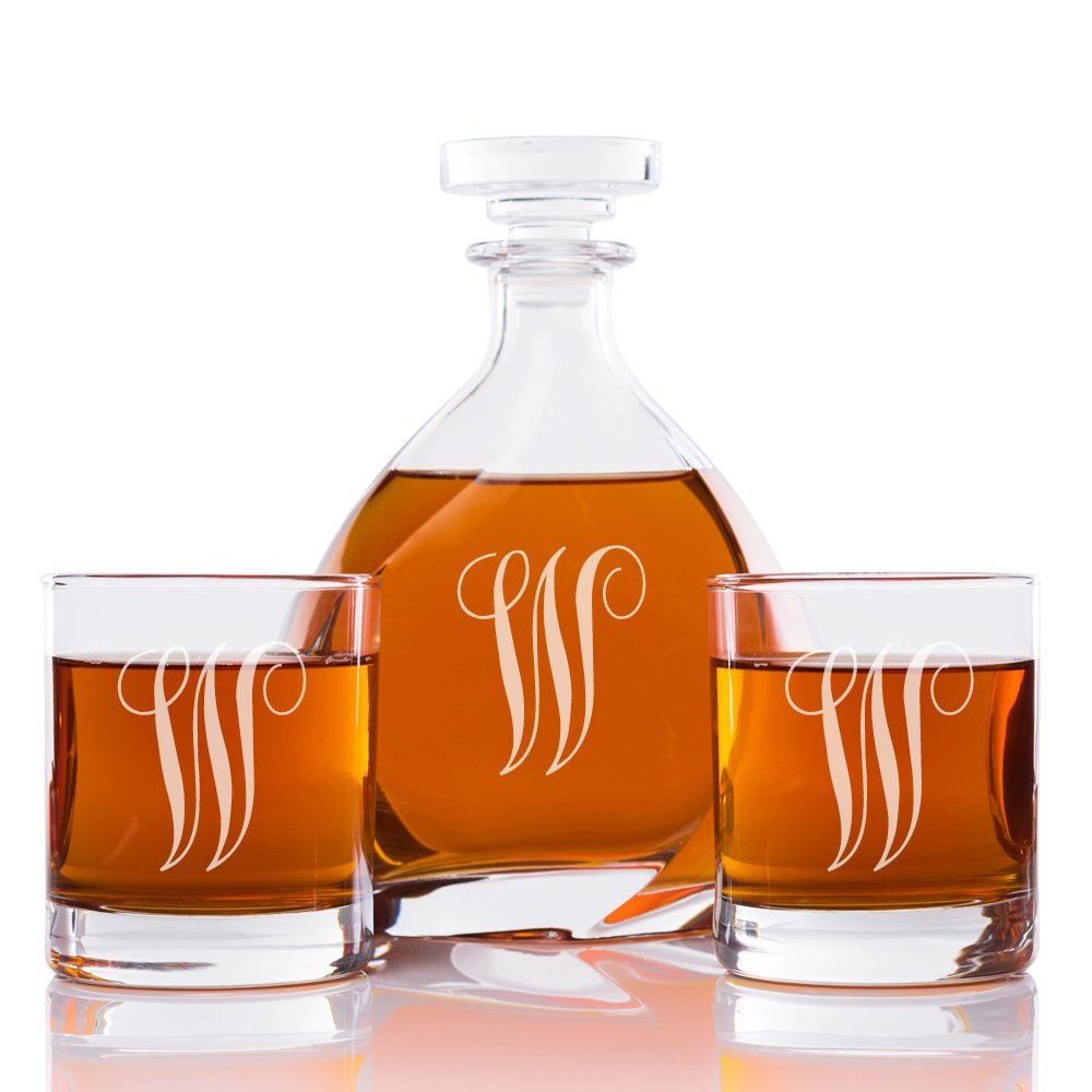 Abby Smith Lavish Style Initial Engraved Liszt Decanter with Rocks Glass Set, Letter W