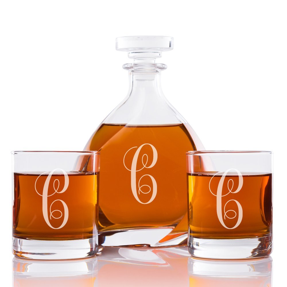 Abby Smith Lavish Style Initial Engraved Liszt Decanter with Rocks Glass Set, Letter C