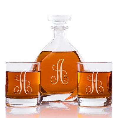 Abby Smith Lavish Style Initial Engraved Liszt Decanter with Rocks Glass Set, Letter A