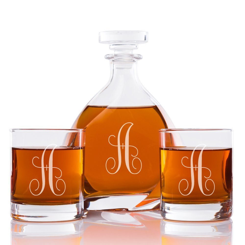 Abby Smith Lavish Style Initial Engraved Liszt Decanter with Rocks Glass Set, Letter A