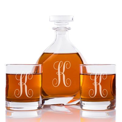 Abby Smith Lavish Style Initial Engraved Liszt Decanter with Rocks Glass Set, Letter K
