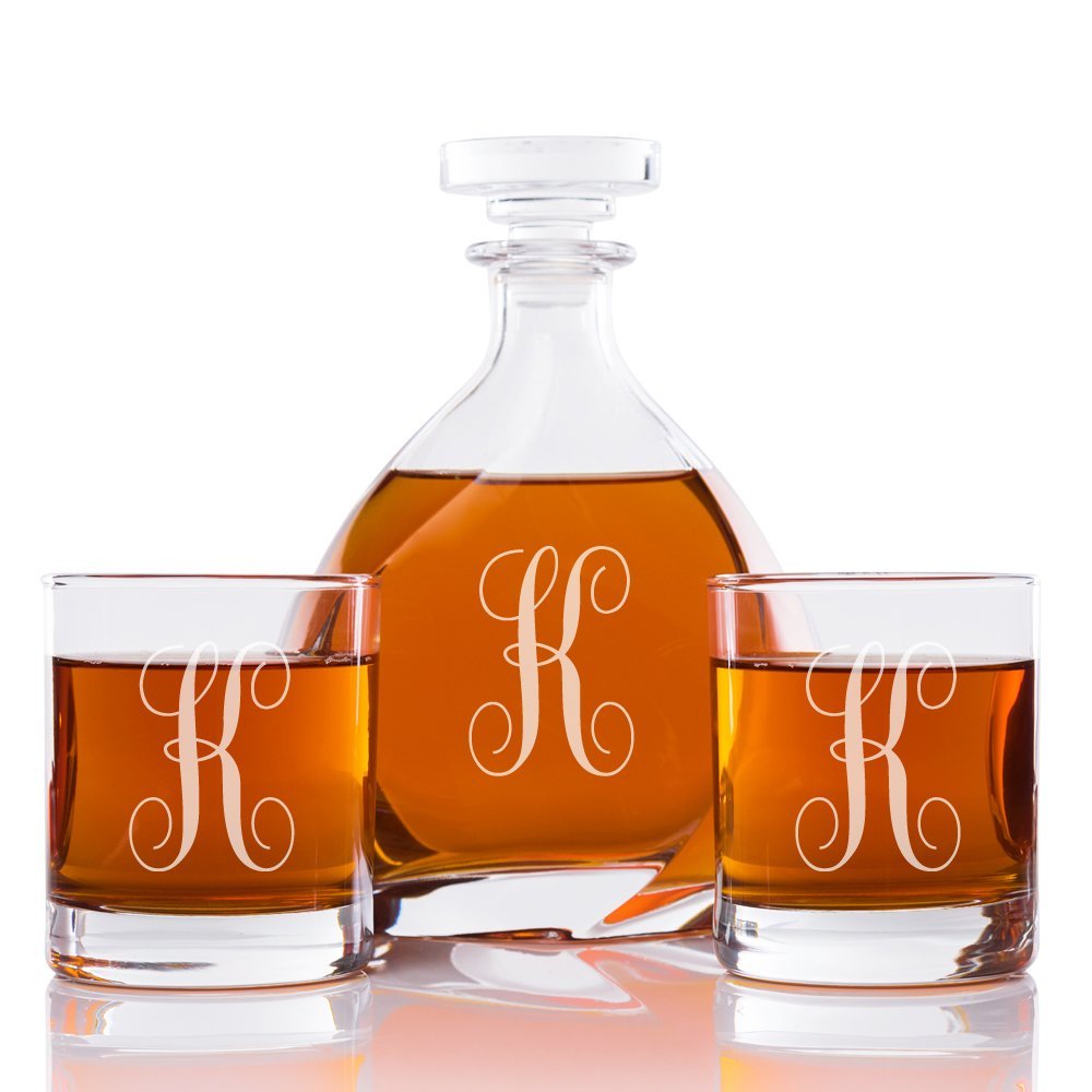 Abby Smith Lavish Style Initial Engraved Liszt Decanter with Rocks Glass Set, Letter K