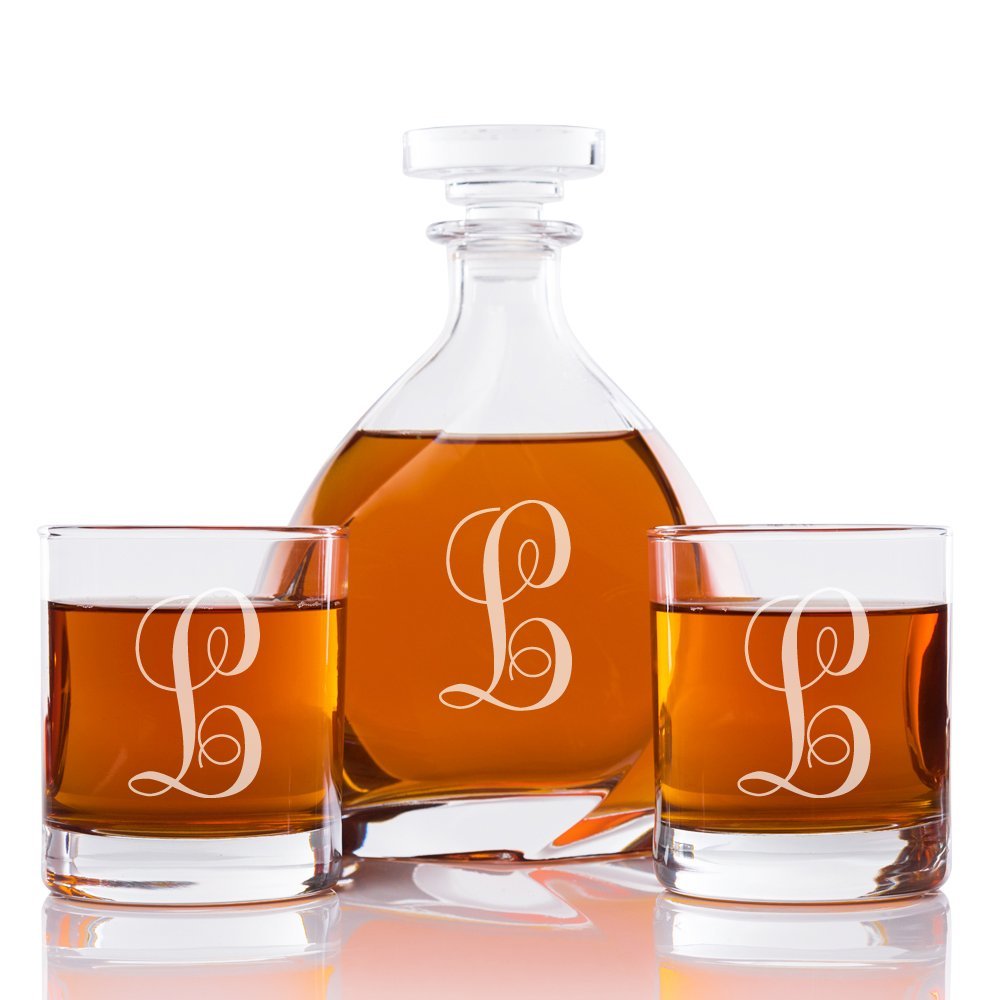 Abby Smith Lavish Style Initial Engraved Liszt Decanter with Rocks Glass Set, Letter L