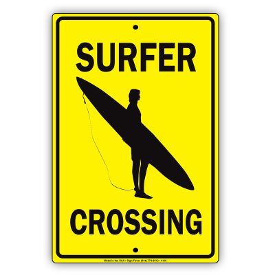 Surfer Crossing Waves Surf Board Aluminum Metal Sign 12"x18"
