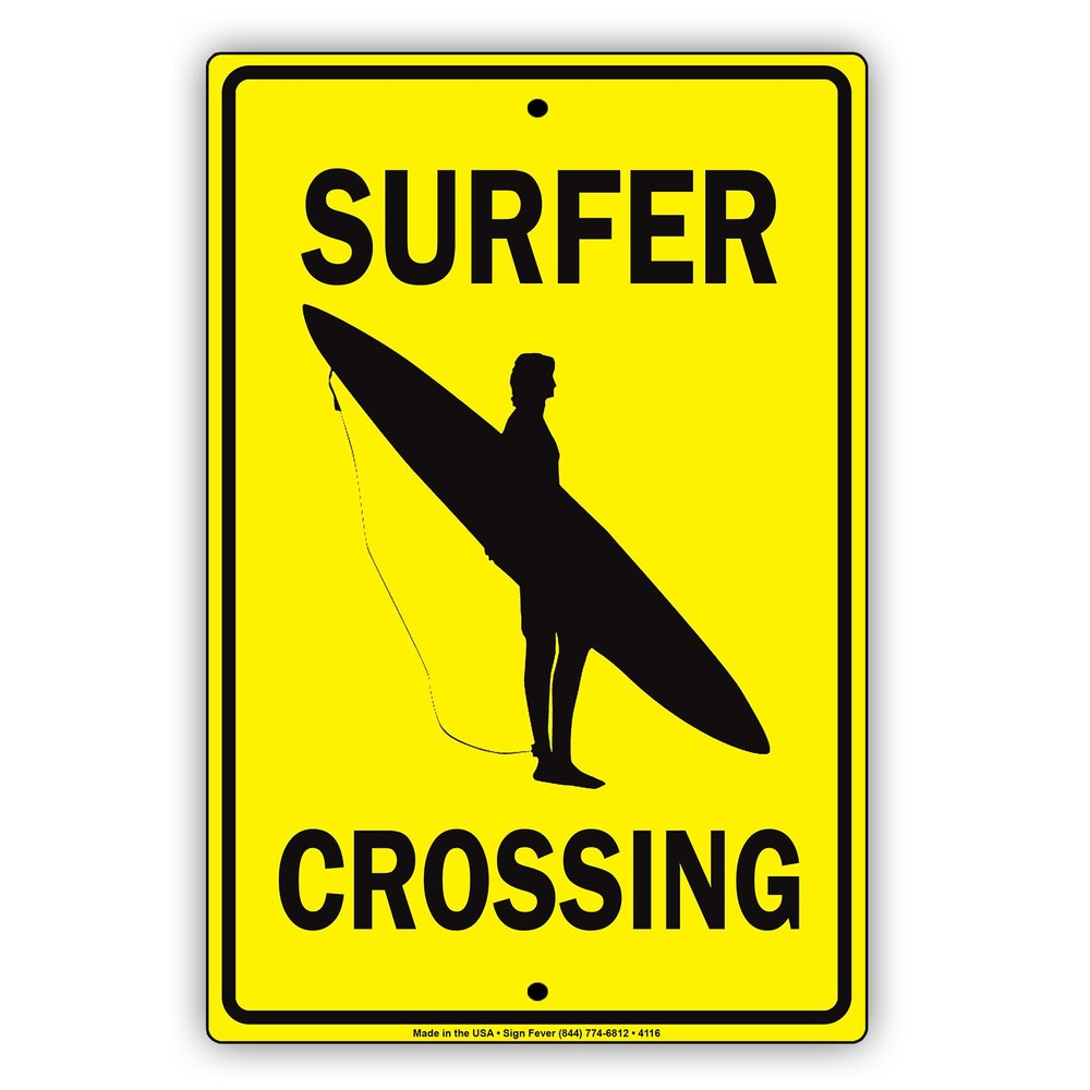 Surfer Crossing Waves Surf Board Aluminum Metal Sign 12"x18"