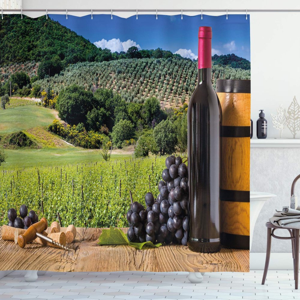 Ambesonne Wine Shower Curtain, Idyllic Tuscany Country Landscape Agriculture Harvest Grape Plantation, Cloth Fabric Bathroom Decor Set with Hooks, 69" W x 70" L, Black Green Pale Brown