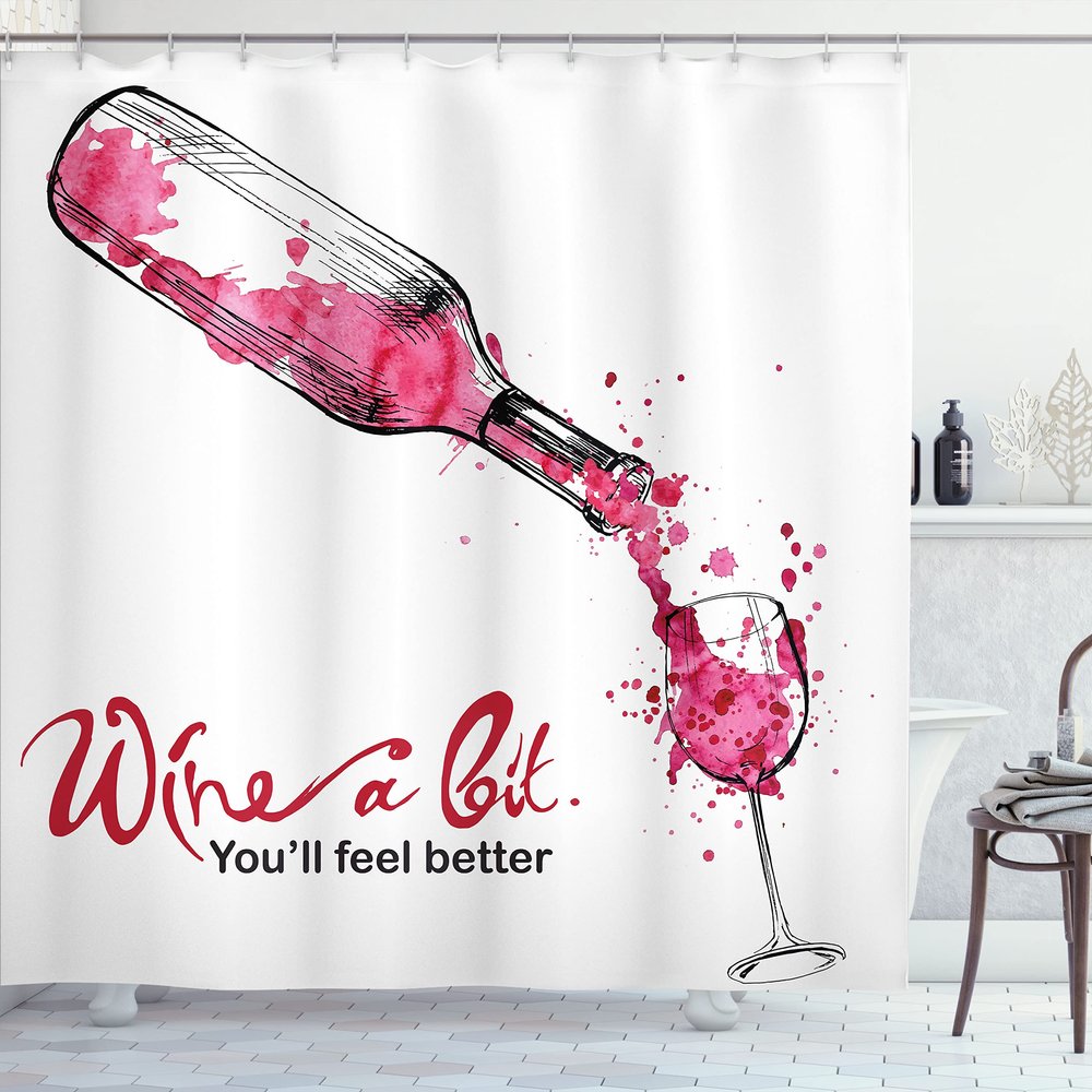Ambesonne Wine Shower Curtain, Wine a Bit You Feel Better Inspirational Words Bottle Pouring Sketch Art, Cloth Fabric Bathroom Decor Set with Hooks, 69" W x 75" L, Pink Dark Coral Black