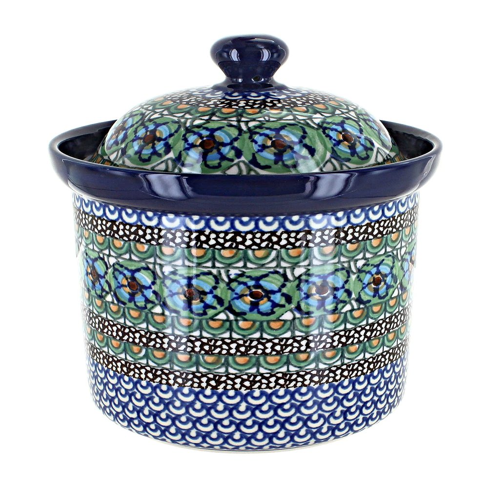 Blue Rose Polish Pottery - Green Mardi Gras Medium Canister - 5.5 Cup Capacity - Hand-Painted Polish Pottery Ceramic Kitchen Storage Jar with Lid