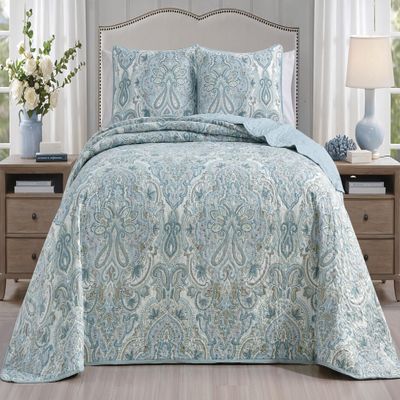 Grand Linen 2-Piece Oversized Lightweight Quilt Set in Twin 66 x 95 Soft Microfiber Bedspread with Sham Pale Blue, Muted Aqua, Grey & Dark Tan Colors - Paisley Design - Reversible Coverlet