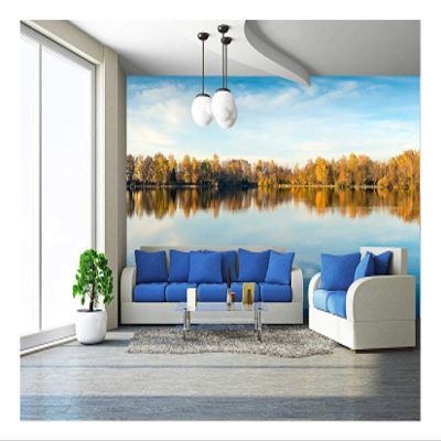 wall26 - Picture of a Lake and Trees with Colorful Leaves on an Evening in Autumn in Bavaria - Removable Wall Mural | Self-Adhesive Large Wallpaper - 100x144 inches
