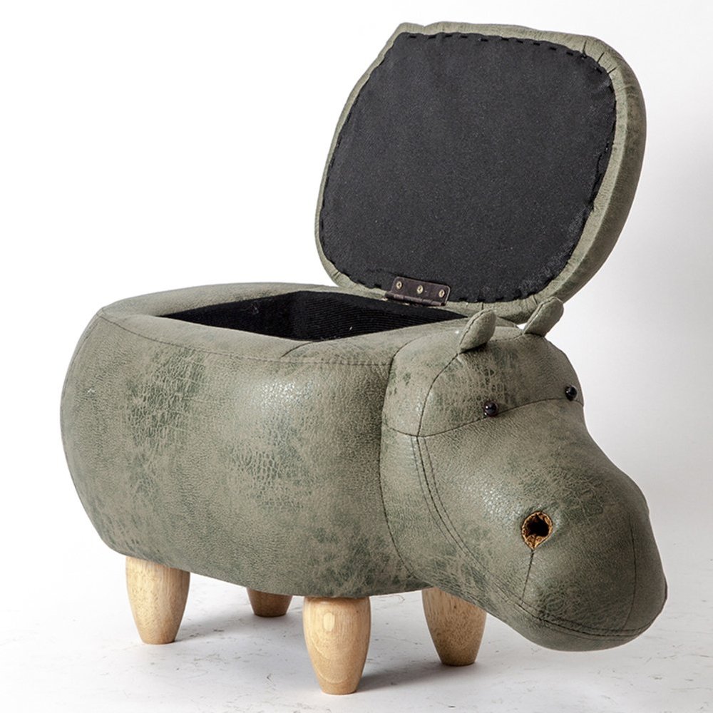 Visual taste Dreamer Creative Footstool Storage Ottoman upholstered Ride-on Stool Changing Shoes Solid Wood Hippo Modeling Decorative Furniture-I 65x35x37cm(26x14x15inch)