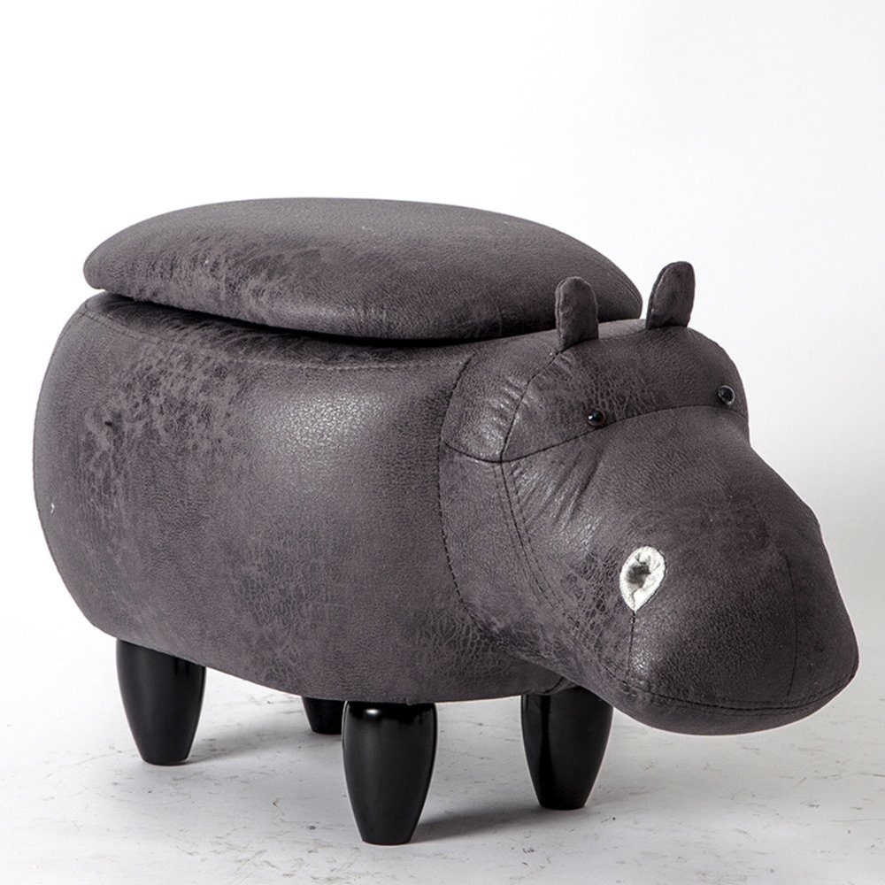 Visual taste Dreamer Creative Footstool Storage Ottoman upholstered Ride-on Stool Changing Shoes Solid Wood Hippo Modeling Decorative Furniture-L 65x35x37cm(26x14x15inch)