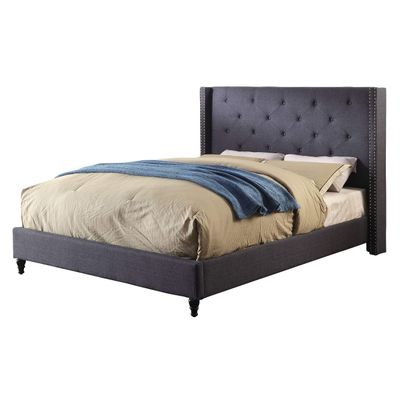 Furniture of America Hollis Contemporary Fabric Upholstery Bed with Nailhead Trim and Tufted, Eastern King, Blue