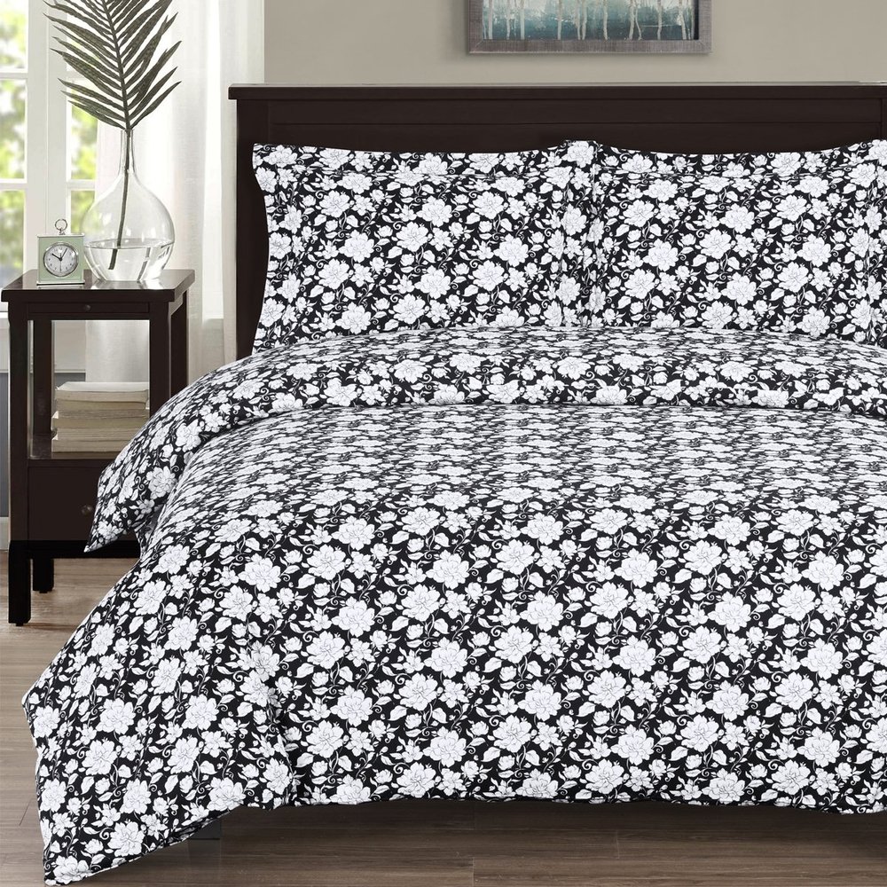4-PC Agnes-Floral Print Includes- 3pc 100%Cotton Full/Queen Duvet Cover Set, 300TC Single ply Yarn with Button Enclosure Cover Set and Pillow Shams+1pc Full/Queen Down Alternative Comforter