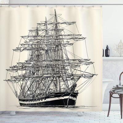 Ambesonne Pirate Ship Shower Curtain, Sailing Boat Detailed Illustration Nautical Maritime Theme Vintage Style Art, Cloth Fabric Bathroom Decor Set with Hooks, 69" W x 75" L, Cream Black