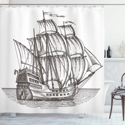 Ambesonne Pirate Ship Shower Curtain, Old Retro Style Ship Floating on Water Antique Cruise Marine Sketch, Cloth Fabric Bathroom Decor Set with Hooks, 69" W x 70" L, Charcoal Grey