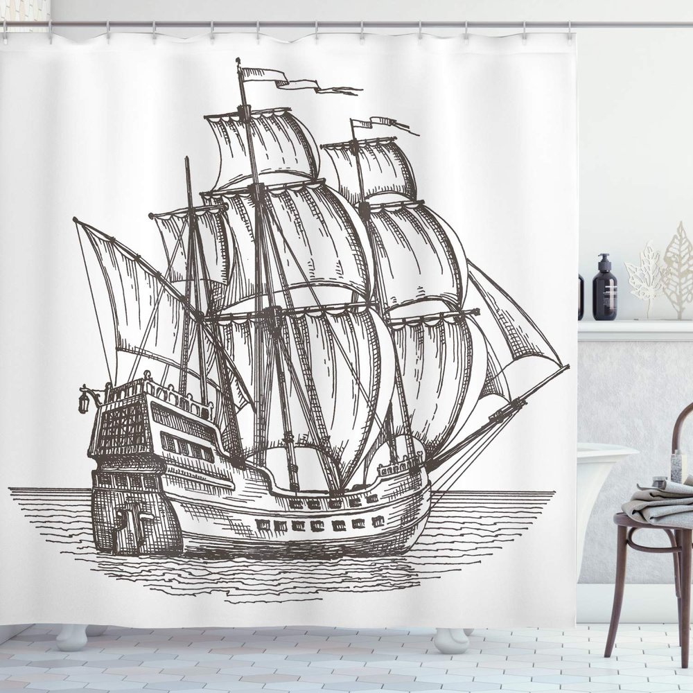 Ambesonne Pirate Ship Shower Curtain, Old Retro Style Ship Floating on Water Antique Cruise Marine Sketch, Cloth Fabric Bathroom Decor Set with Hooks, 69" W x 70" L, Charcoal Grey