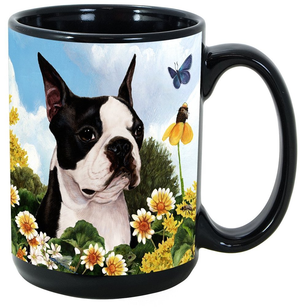 (Boston Terrier) Garden Party 15 Oz Black Coffee Cup Mug, Dog & Cat Pet Gift, For Extreme Animal Lovers!