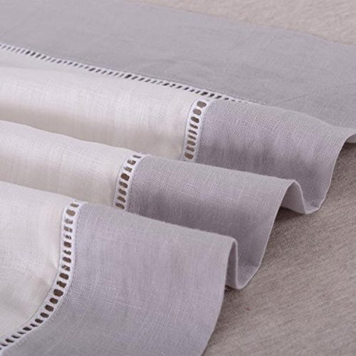 3 Piece Belgian Linen Duvet Cover Set White w/Hemstitch Gray Border