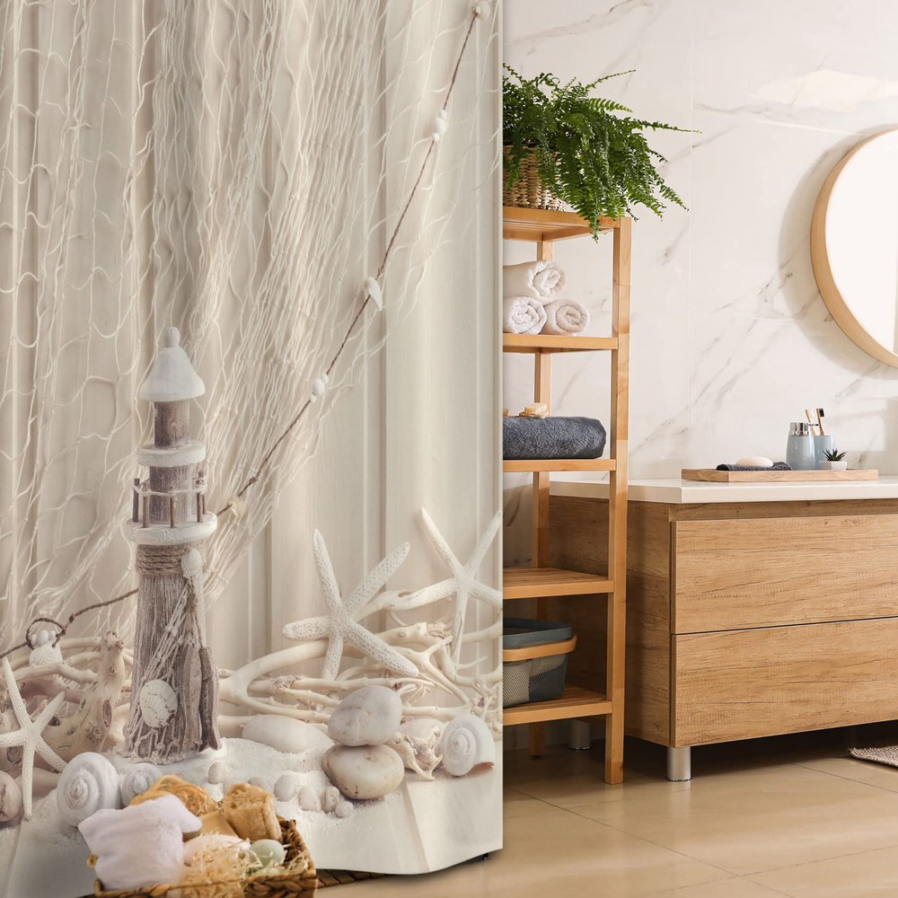 Ambesonne Fishing Net Stall Shower Curtain, Marine Theme Sea Stars and Shells Underwater Life Wooden Lighthouse Print, Fabric Bathroom Decor Set with Hooks, 36" W x 72" L, Beige Cream