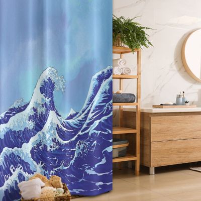 Ambesonne Kanagawa Stall Shower Curtain, Big Tsunami in The Ocean Blue Sky Japanese Nature Sea Waves Art, Fabric Bathroom Decor Set with Hooks, 36" W x 72" L, Blue Navy