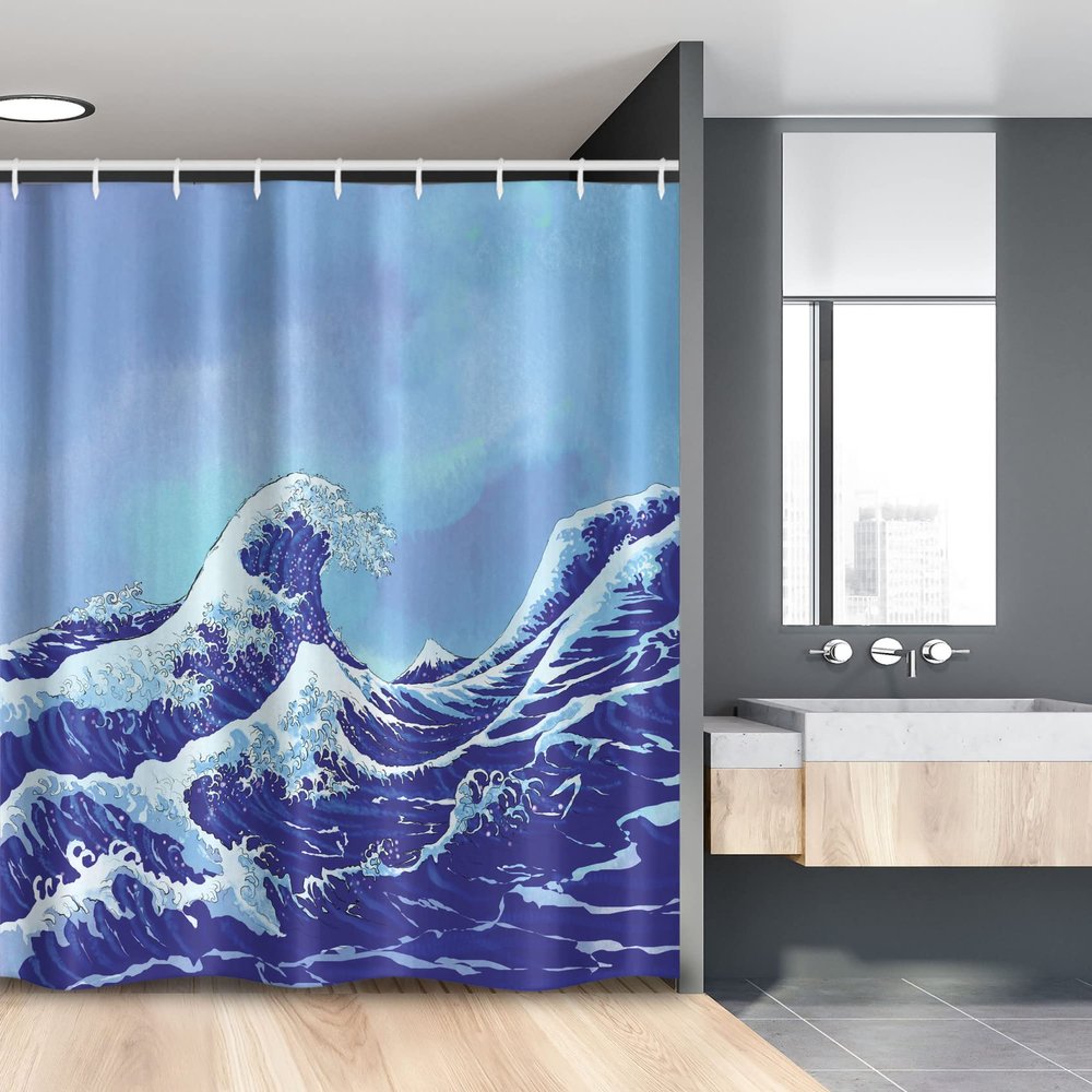 Ambesonne Kanagawa Stall Shower Curtain, Big Tsunami in The Ocean Blue Sky Japanese Nature Sea Waves Art, Fabric Bathroom Decor Set with Hooks, 54" W x 78" L, Blue Navy