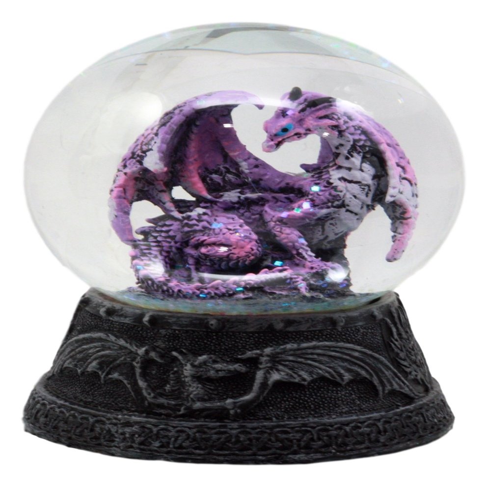 Ebros Gift Mythical Purple Midnight Dragon Water Globe Figurine with Glitters 4.75" H Sparkly Glitter Globe Collectible