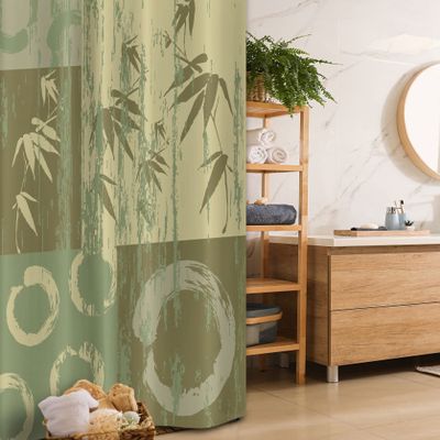 Ambesonne Asian Themed Stall Shower Curtain, Circle and Branch Silhouette Over Vintage Color Oriental Eastern Patchwork Like Art, Fabric Bathroom Decor Set with Hooks, 36" W x 72" L, Green