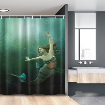 Ambesonne Mermaid Stall Shower Curtain, Computer Graphics of Mermaid Underwater Life Picture Dreamlike Design, Fabric Bathroom Decor Set with Hooks, 54" W x 78" L, Jade Green Teal Ivory