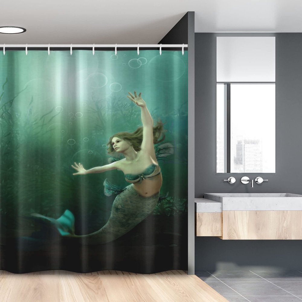 Ambesonne Mermaid Stall Shower Curtain, Computer Graphics of Mermaid Underwater Life Picture Dreamlike Design, Fabric Bathroom Decor Set with Hooks, 54" W x 78" L, Jade Green Teal Ivory