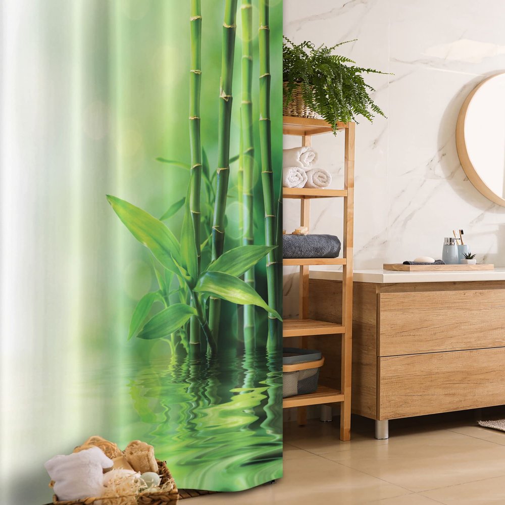 Ambesonne East Stall Shower Curtain, Bamboo Stalks Reflection on Water Blurs Freshness Japanese Nature Spa, Fabric Bathroom Decor Set with Hooks, 36" W x 72" L, Green Pale Yellow