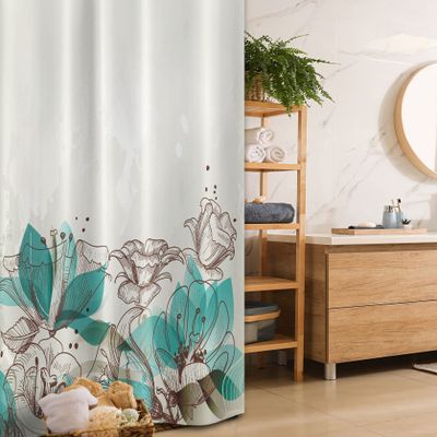 Ambesonne Turquoise Stall Shower Curtain, Retro Floral Background Hibiscus Silhouettes Dramatic Romantic Nature Art, Fabric Bathroom Decor Set with Hooks, 36" W x 72" L, Beige Teal