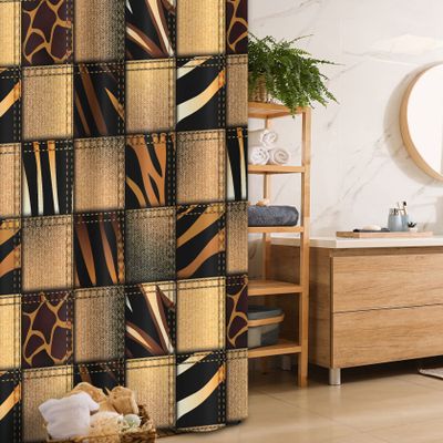 Ambesonne Savannah Stall Shower Curtain, Earthy Jeans Denim Inspired Patchwork in Giraffe and Zebra Design Art Print, Fabric Bathroom Decor Set with Hooks, 36" W x 72" L, Black and Brown
