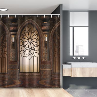 Ambesonne Gothic Stall Shower Curtain, Gate and Windows in a Dark Room Graphic Illustration Print, Fabric Bathroom Decor Set with Hooks, 54" W x 78" L, Brown